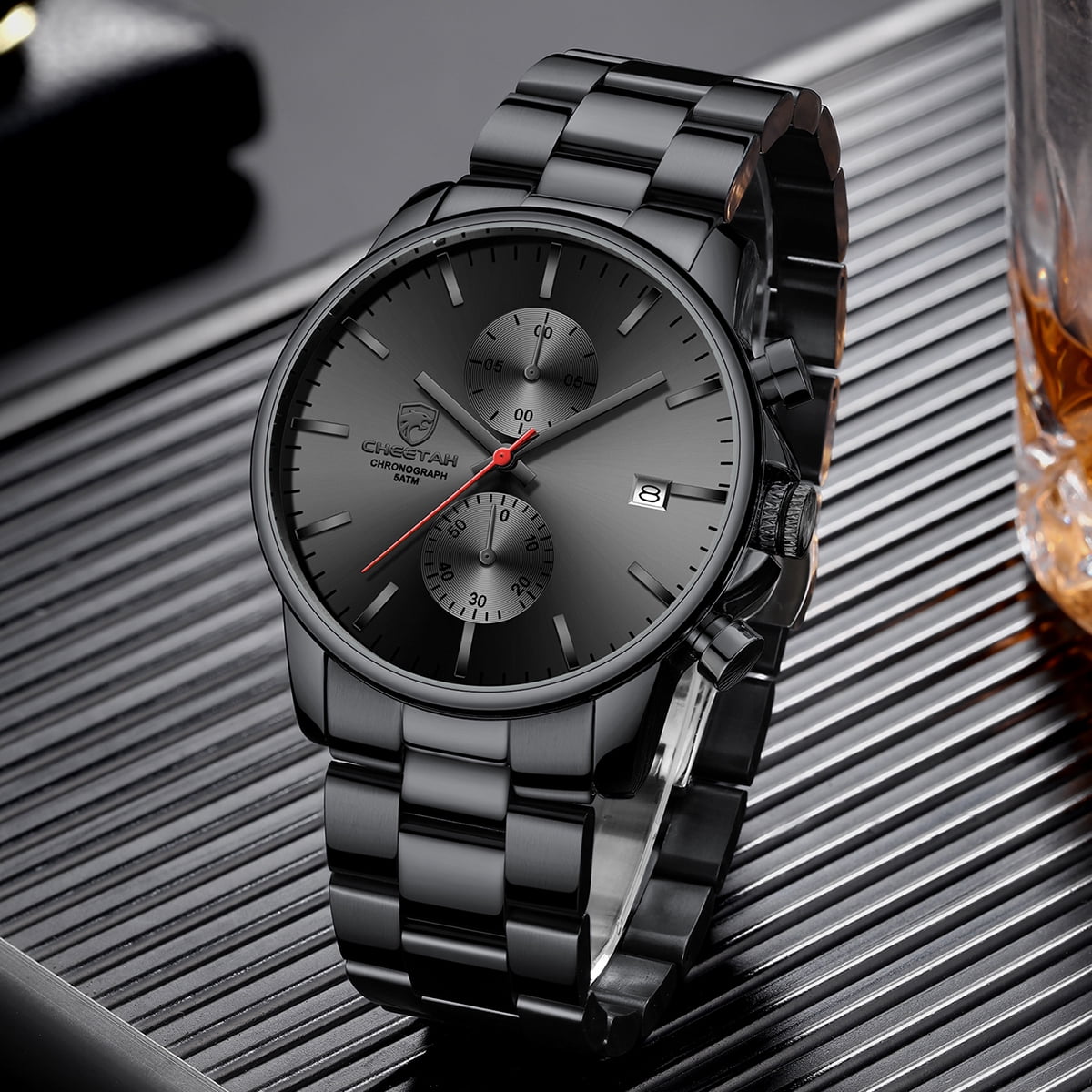 CHEETAH Fashion Business Mens Watches with Stainless Steel Waterproof Chronograph Quartz Watch for Men,Auto Date,Black&Red&Black