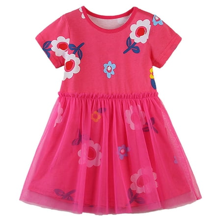 

Dresses For Girls Kids Baby Short Sleeve Ruffles Tulle Floral Prints Princess Dress Clothes