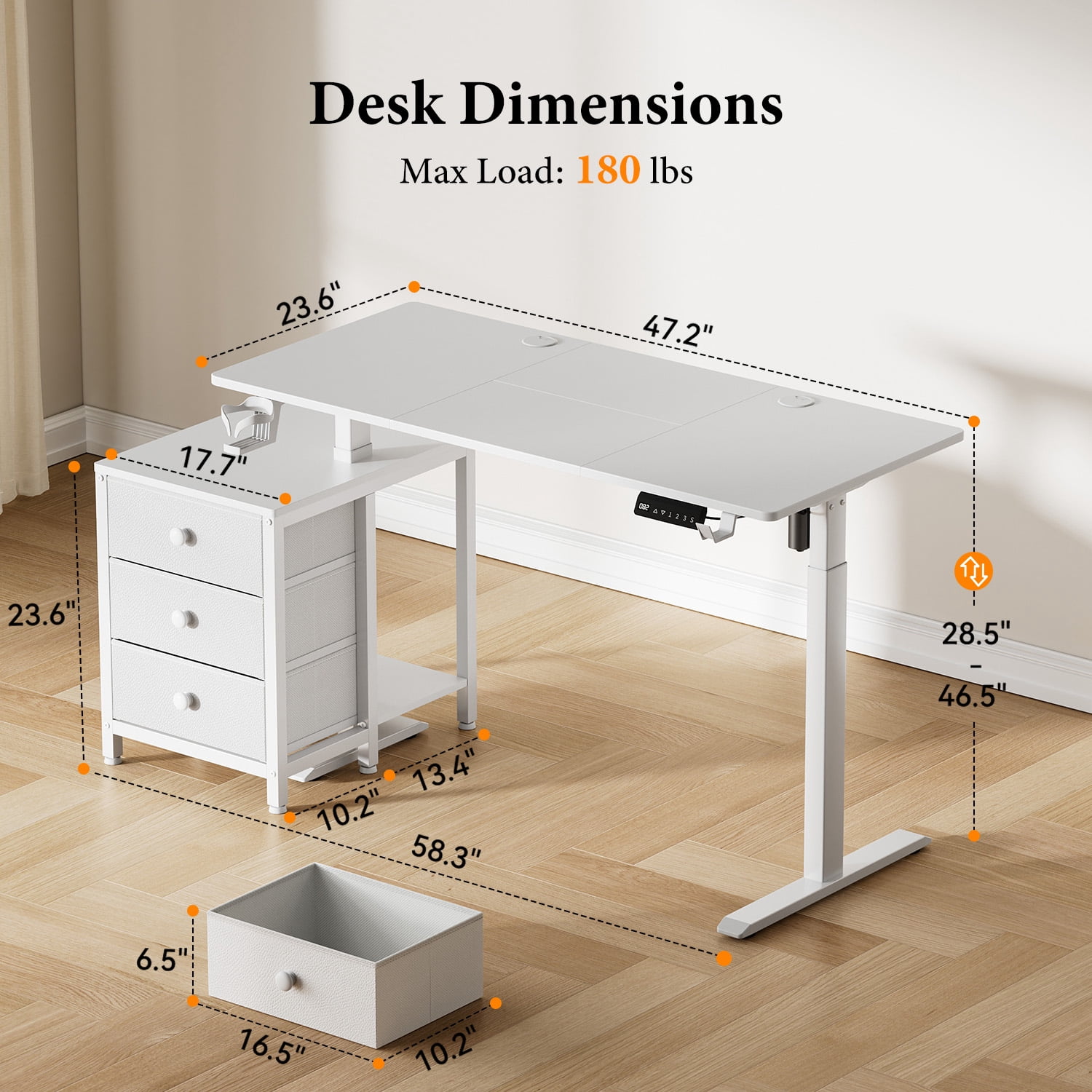 GUNAITO 47.2" Electric Standing Desk with 3-Drawer Cabinet, Adjustable Height Desk with Memory Panel, Office & Gaming Desk，White