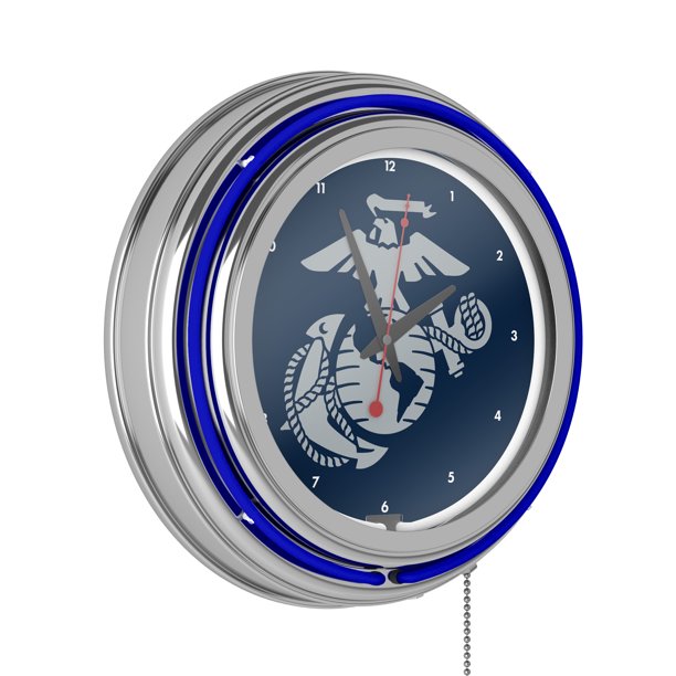 USMC Chrome Double Rung Neon Clock Eagle Globe Anchor Blue