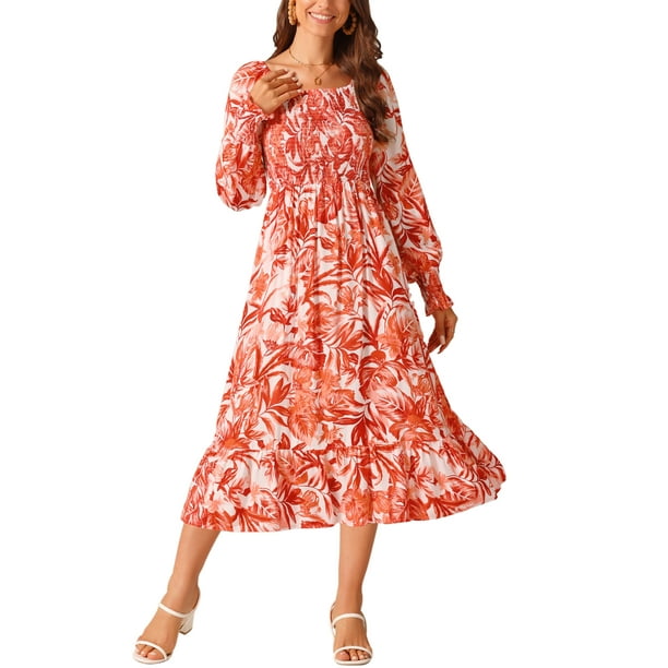 INSPIRE CHIC Vestido Midi Fluido de Manga Larga con Cuello Cuadrado y Volantes con Bolsillos S Naranja