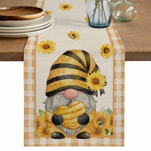 Sunflower Gnomes Table Runner 120 Inches, Summer Botanical Bee Yellow Plaid Rustic Bed Runner Dresser Scarves Tabletop for Indoor Outdoor Parties/Ceremony/Banquet, 13"x 120"