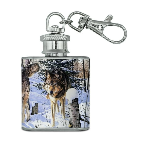 Wolves at Shadow Ridge Painting Stainless Steel 1oz Mini Flask Key Chain