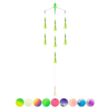 BLUEWING 18 Upgraded Fishing Spreader Bar Splasher Offshore Trolling Spreader Bar with 9 Bulb Squids and 316 Stainless Steel Rod for Wahoo Tuna Marlin Mahi Mahi Yellow/Green