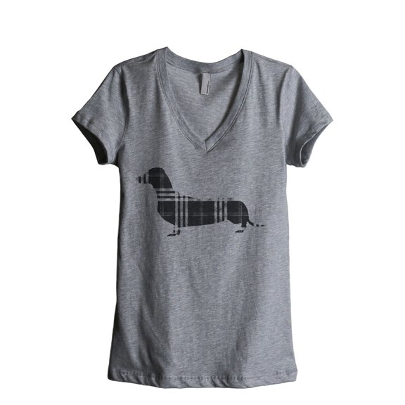 Plaid Dachshund Women's Fashion Relaxed V-Neck T-Shirt Tee Heather Grey Small