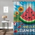 thumbnail image 2 of Chilfamy  Hello Summer Shower Curtain, Watermelon Calligraphy Fruit Food Summer Painting Effect Modern, Cloth Fabric Bathroom Decor Set with Hooks, Jade Green and Dark Coral White, 2 of 7