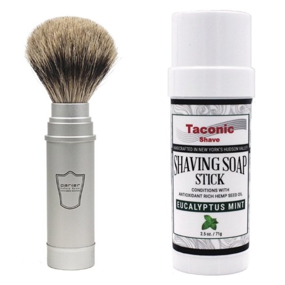 SHAVE SOAP STICK - TACONIC EUCALYPTUS MINT & PARKER TRAVEL BRUSH SET