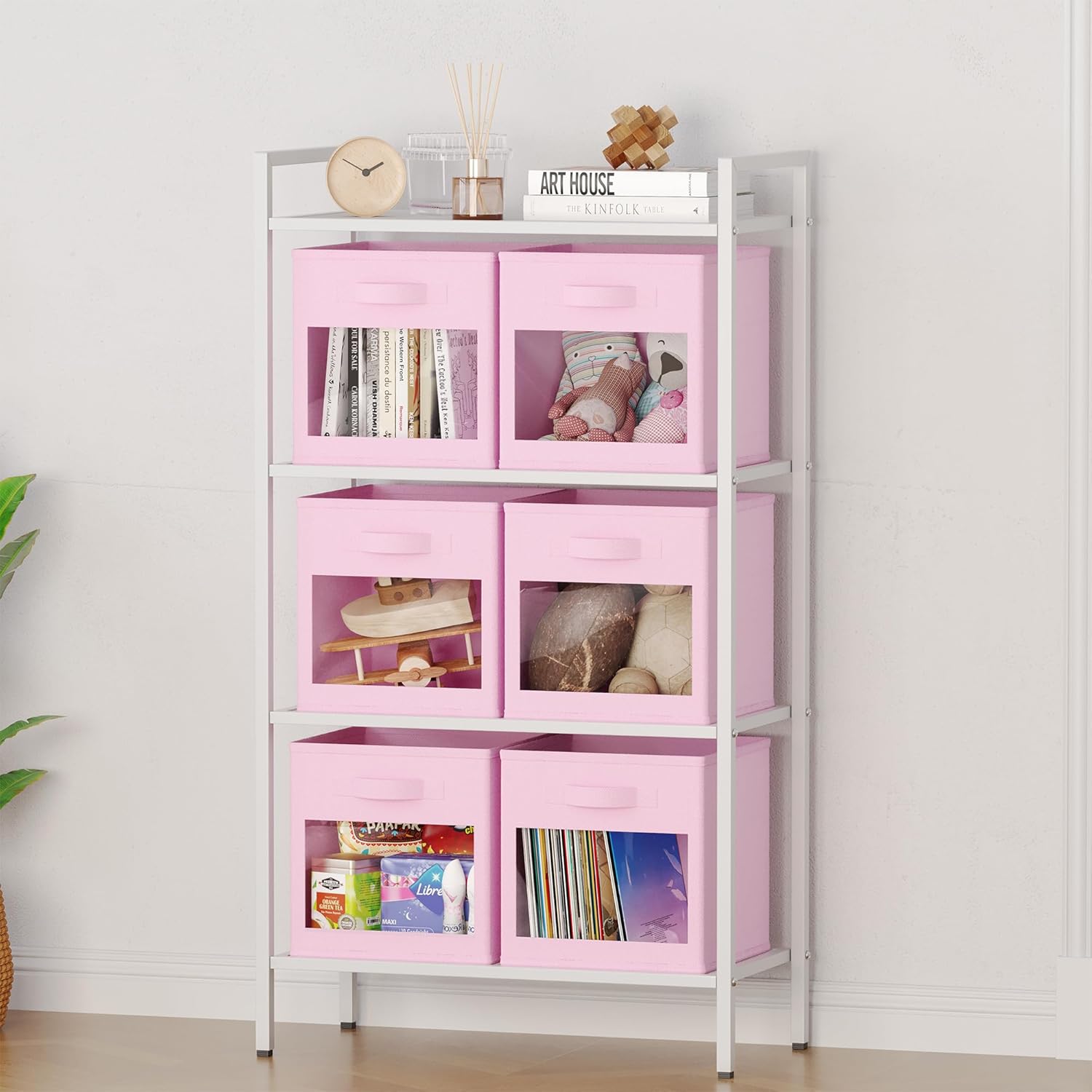 SpaceAid Storage Cubes with Clear Windows, Set of 6 Fabric Bins, 11 Inch, Pink