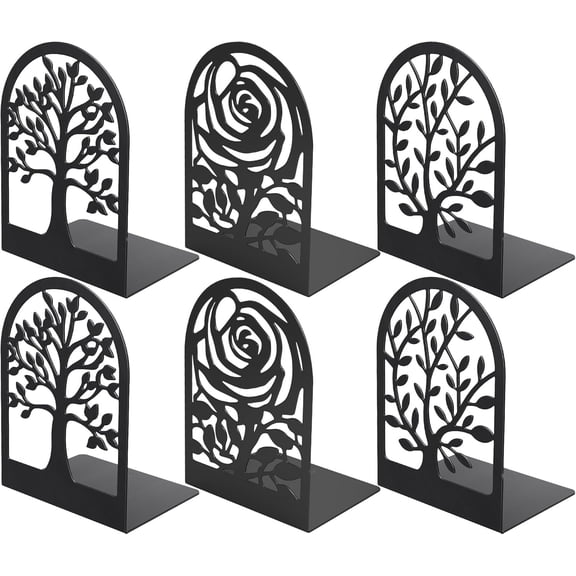 Decorative Bookends, Heavy-Duty Bookends for Shelves, Metal Bookends for Heavy Book Supports, Office Bookends Shelf Holder Black 3-Pair Set, Non-Skid Book Stoppers 6.73 x 4.89 x 3.54 inches