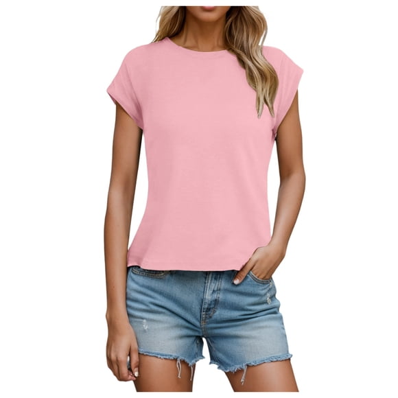 HXWCHs Women Solid Organic Cotton T Shirt Women's Casual Dressy Basic Crewneck Cap Sleeve Tee top Loose Fit Comfortable Everyday Wear S Red