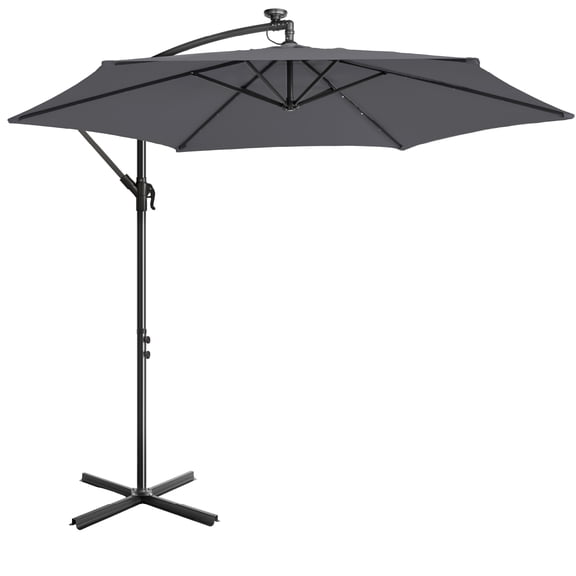 UBesGoo 10 Feet Solar LED Offset Cantilever Hanging Market Patio Umbrella,Easy Crank & Tilt Adjustment, for Garden Deck Pool Patio,Gray