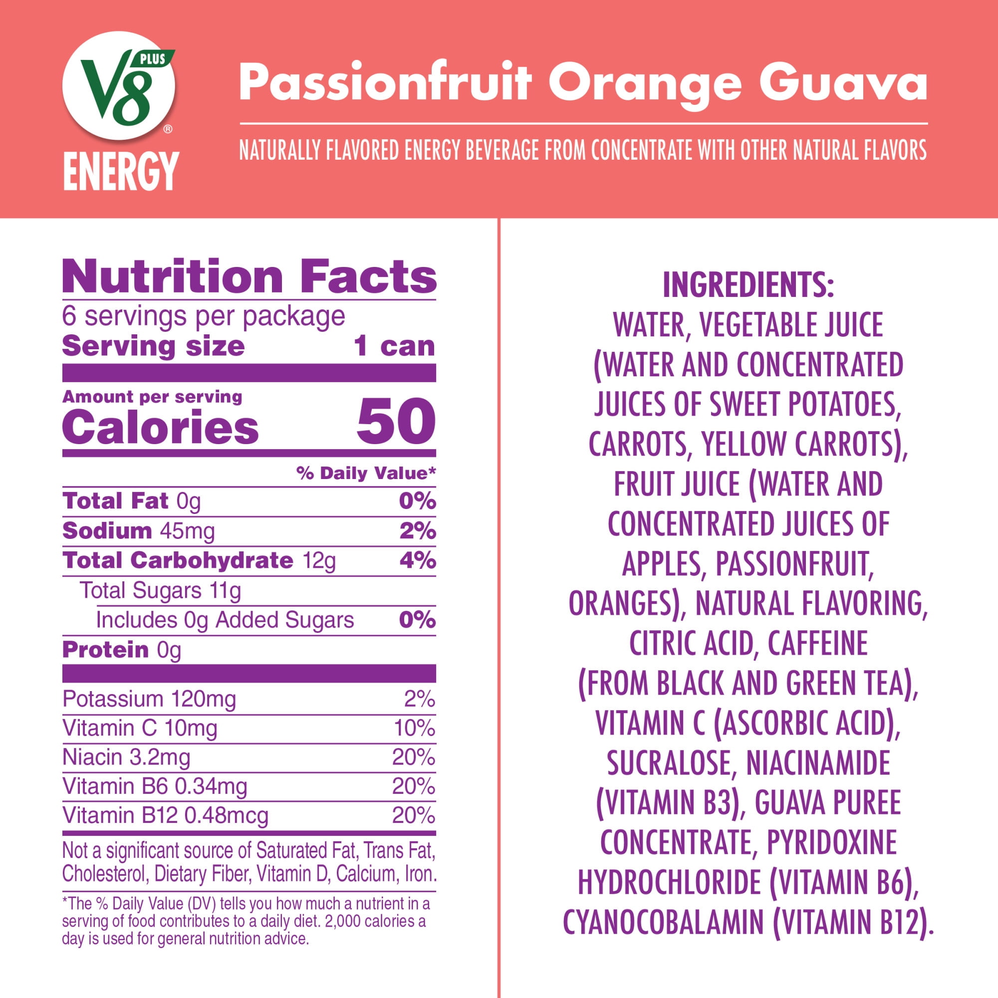 (4 pack) V8 +Energy Passionfruit Orange Guava Juice Energy Drink, 8 fl oz Can (24 Pack)