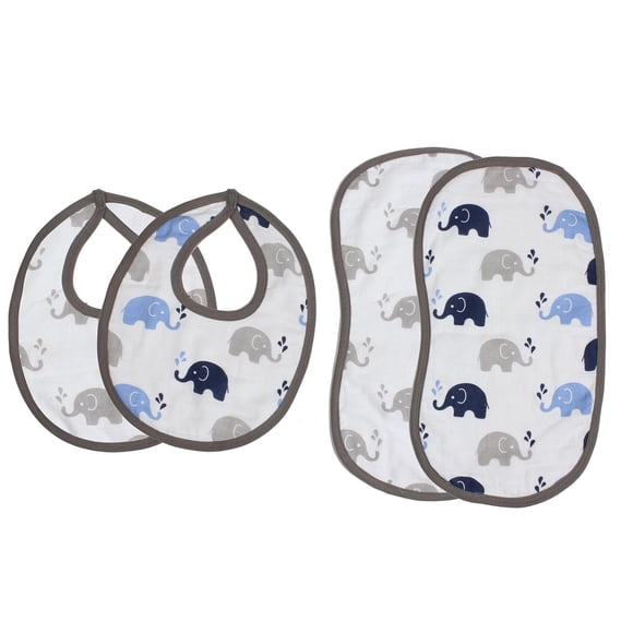 Juego de Baberos Bacati Elephants Azul Gris Muselina 4 Unidades