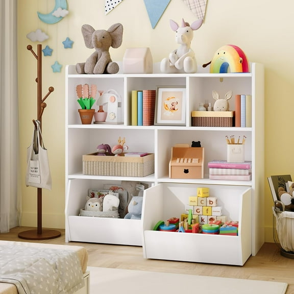 Toy Storage Organizer with Movable Drawers, Kids Bookshelf with Hidden Wheels and 5 Open Cubbies, Multifunctional Storage Cabinet Chest for Playroom