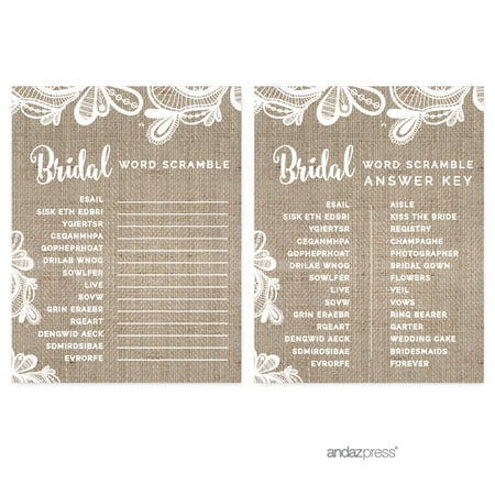 Word Scramble Burlap Lace Wedding Bridal Shower Game Cards, 20-Pack