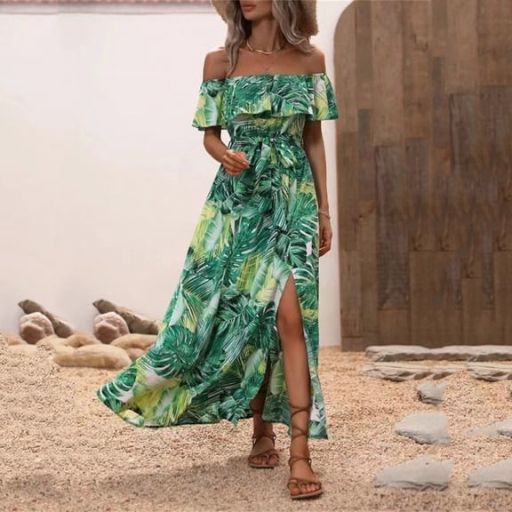 NTACZA Casual Summer Dresses for Women Off the Shoulder Tropical Palm Tree Short Sleeve Hawaiian Boat Neck Casual Maxi Flowy Vacation Sundress Size L