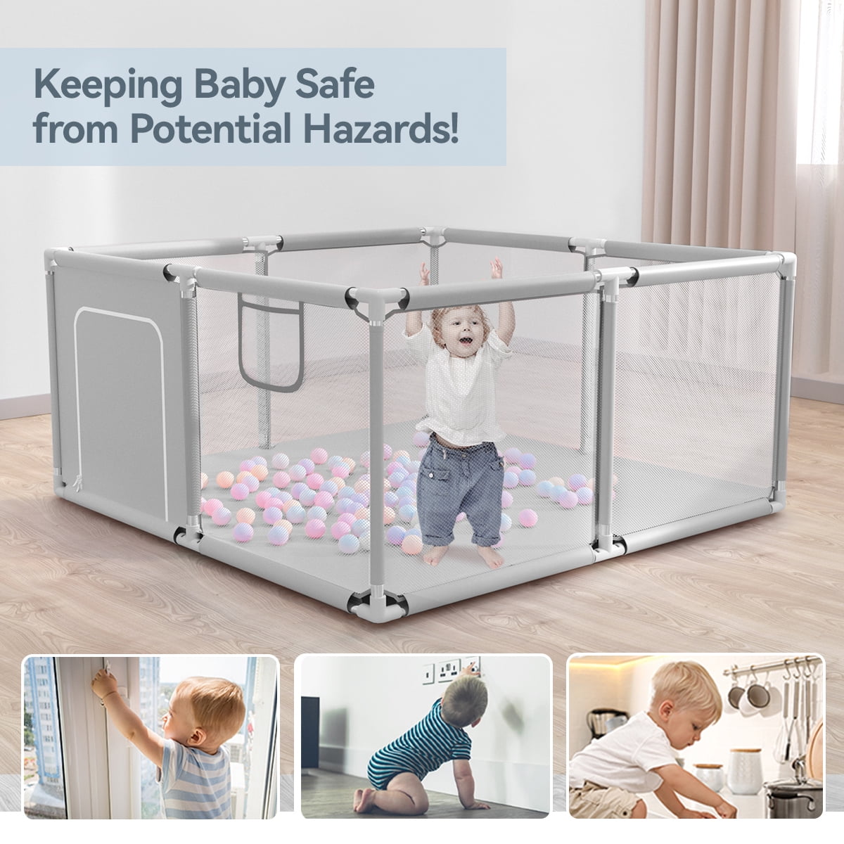 Baby Playpen, Outdoor Play Yard, Portable Play Yard 4-Panel- Baby Safety Playpen for Infant Toddler,Grey