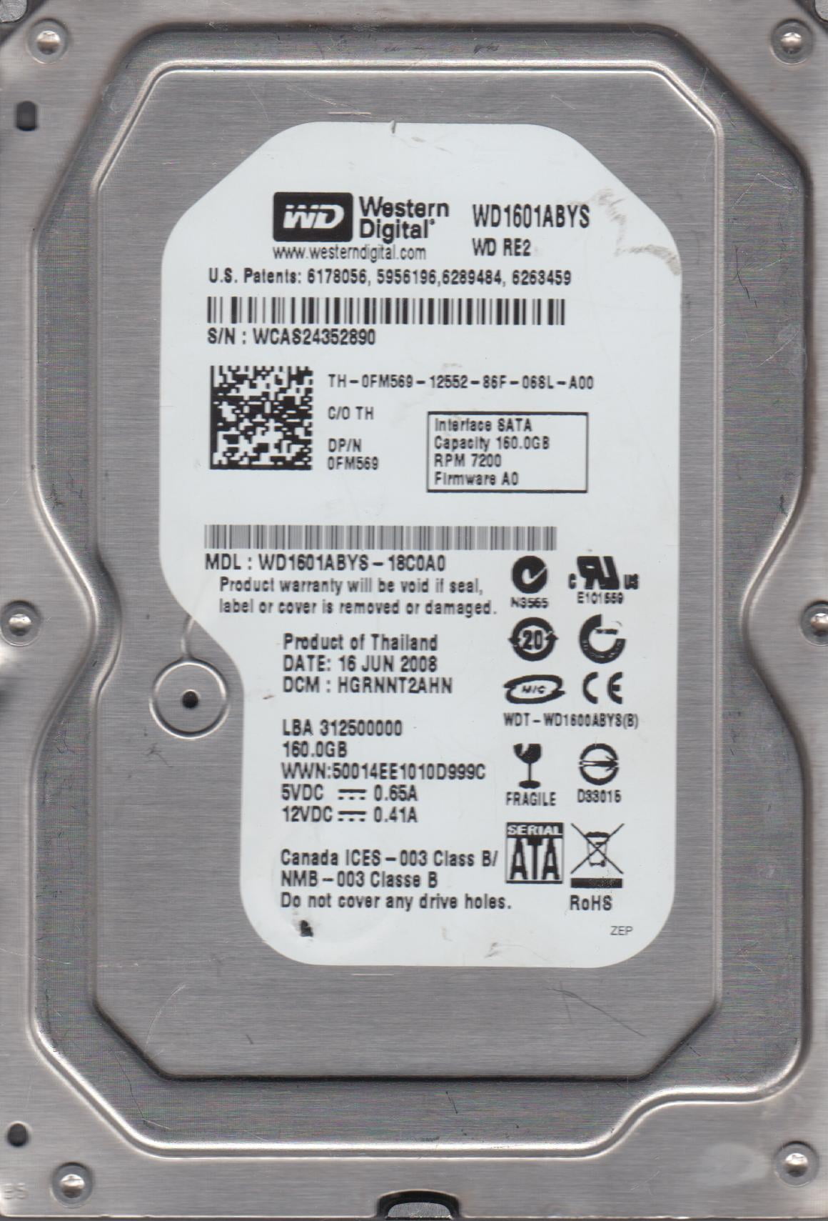 WD1601ABYS-18C0A0, DCM HGRNNT2AHN, Western Digital 160GB WD1601ABYS-18C0A0, DCM HGRNNT2AHN, Western Digital 160GB