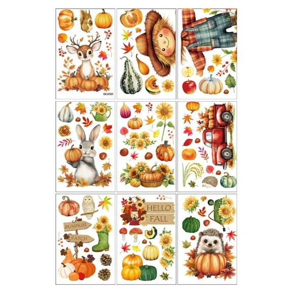 9-Pack Autumn Window Decals, Pumpkin Maple Leaf Scarecrow Truck Nut Patterns, Double Sided Reusable Waterproof Stickers For Thanksgiving Home Party Decoration