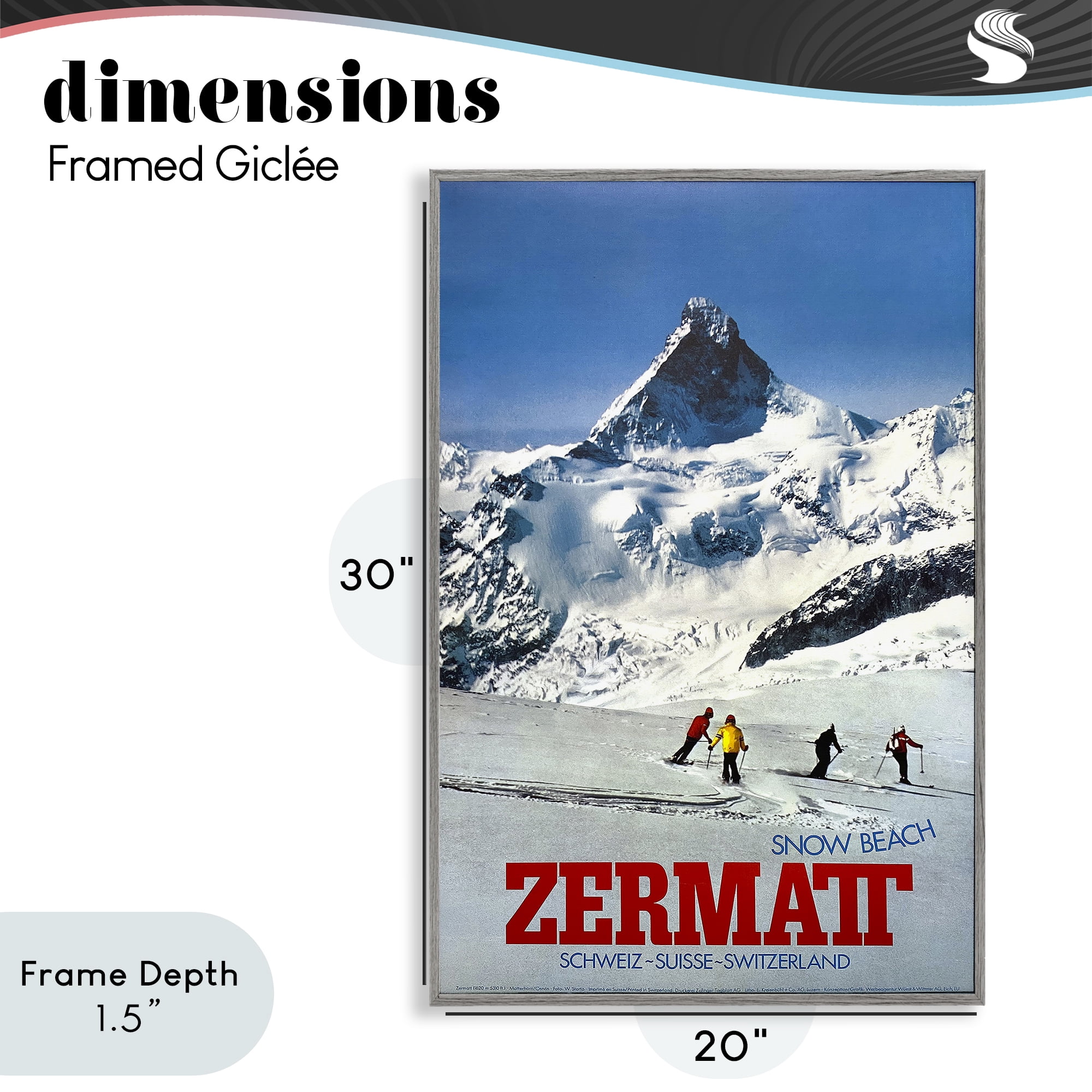 Stupell Industries Zermatt Snow Beach Gray Framed Giclee Art, design by Vintage Posters