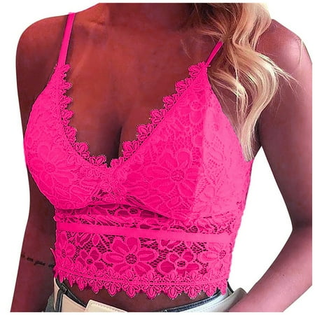 

DORKASM Lace V Neck Bralettes for Women Bandeau Padded Everyday Wireless Bra with Strap Hot Pink XL