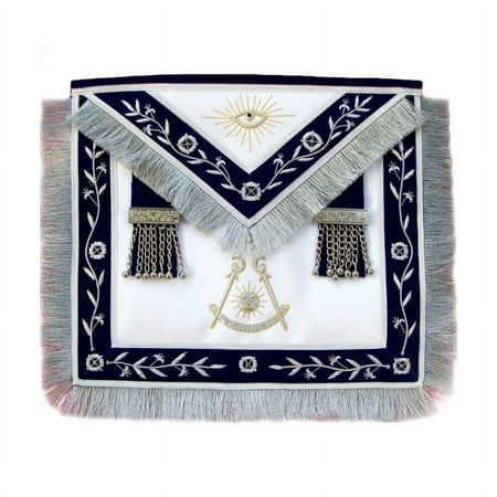 

Past Master Blue Lodge Apron – Navy Blue with Silver Fringe Tassels & Hand Embroidery Masonic Regalia with Adjustable Belt