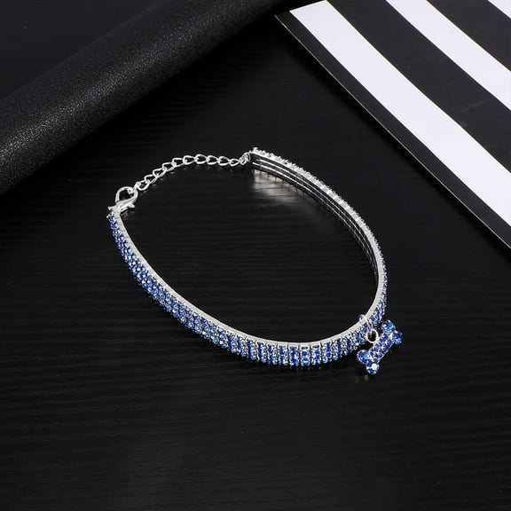LULULION Blue Rhinestone Pet Dog Collar Adjustable Buckle Chain Durable Crystal Collar for Outdoor Walking and Sports