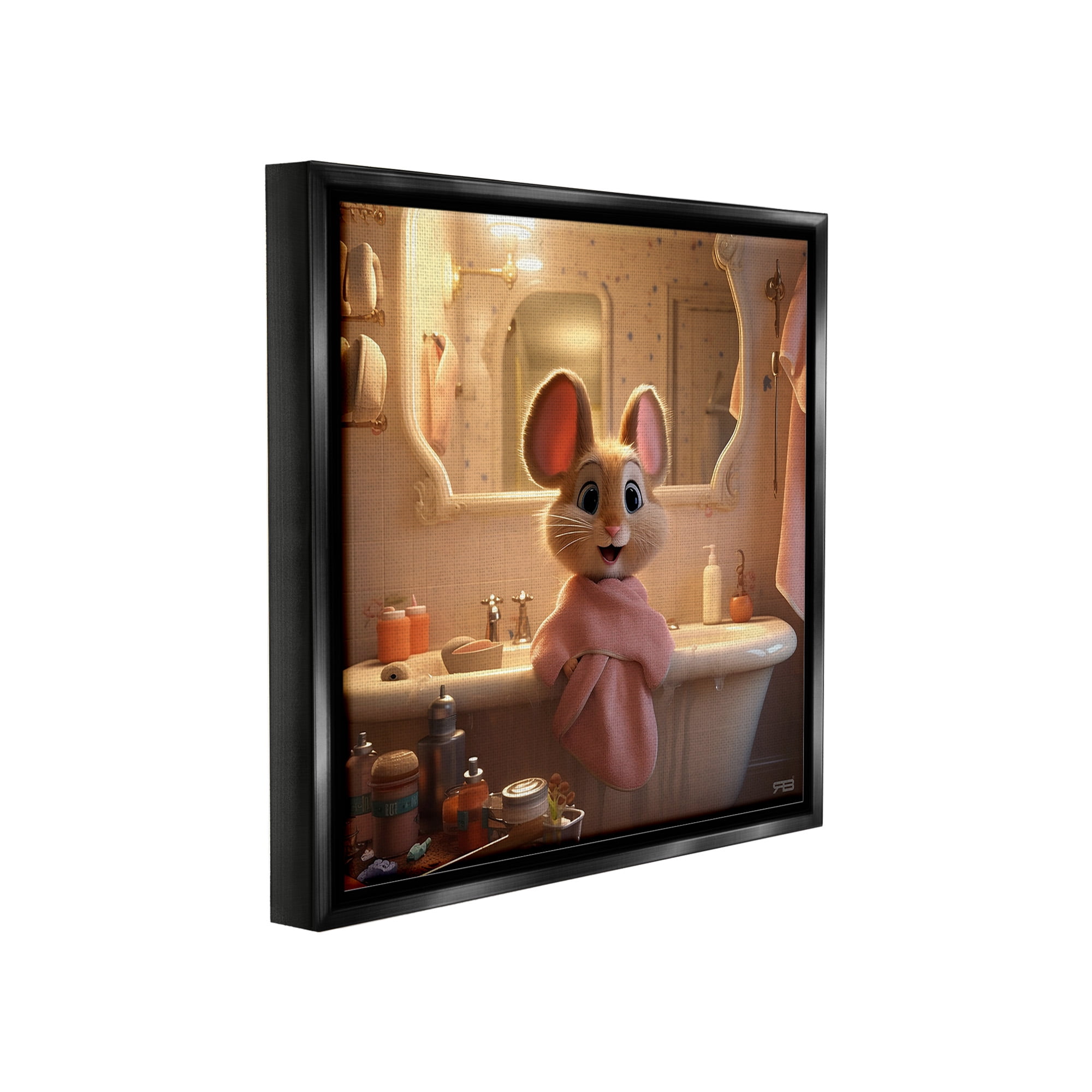 Stupell Industries Mouse in Relaxing Bath Animals & Insects Painting Black Floater Framed Canvas Art Print Wall Art, 25 x 25