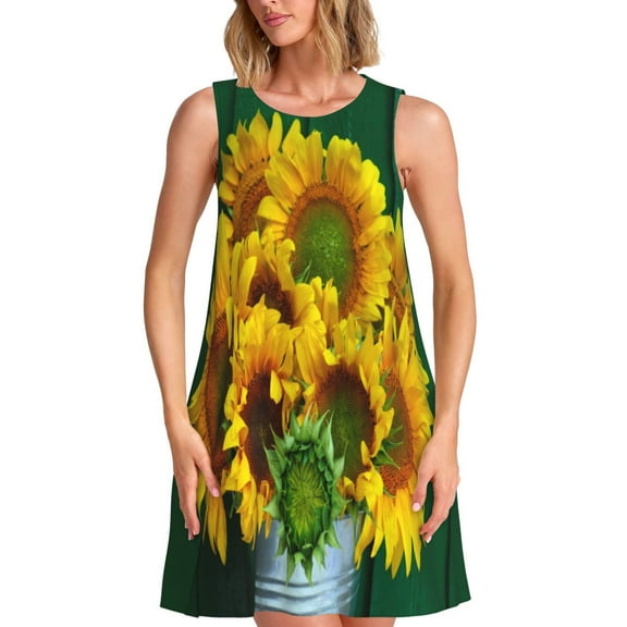 Logiee Sunflowers in Bucket Print Summer Dresses for Women,Beach Sleeveless Flowy Pocket Tshirt Tank Sundresses,Women's Sleeveless Dress