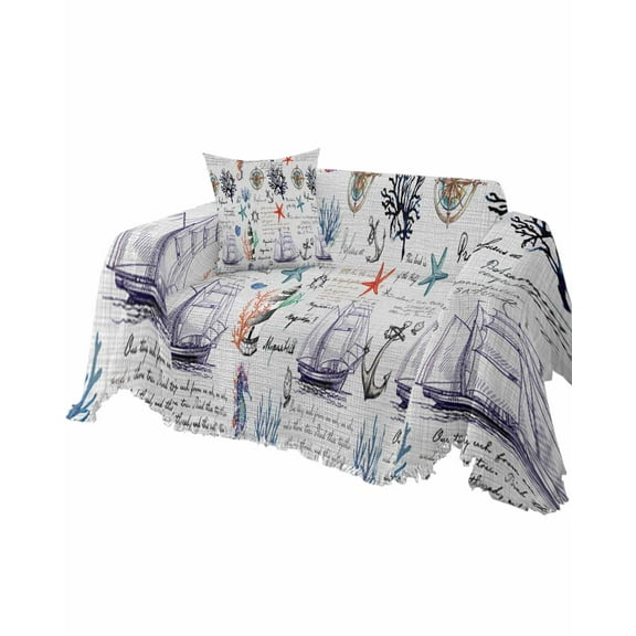 Nautical Compass Sofa Couch Covers for Dog,Washable Sectional Couch Slipcovers for Loveseat with Tassels,Ocean Coral Sailboat Starfish Gray Non Slip Sofa Throw Cover Blanket Large 71''x102''