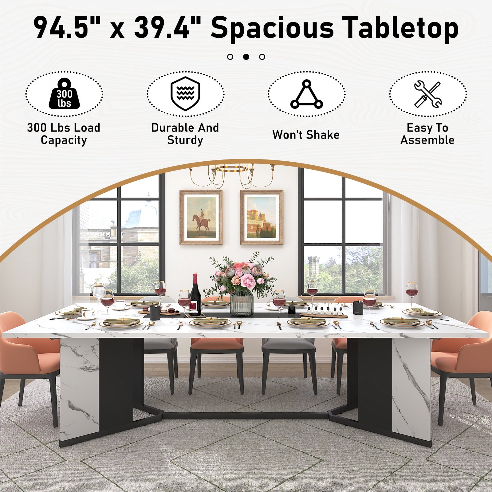 95 inch Large Rectangular Dining Table for 10-12 People, Dining Table with Marble-Color Wood Waterproof Tabletop and Adjustable Leg, 7.9ft Luxurious Family Dinner Table for Office Kitchen Living Room