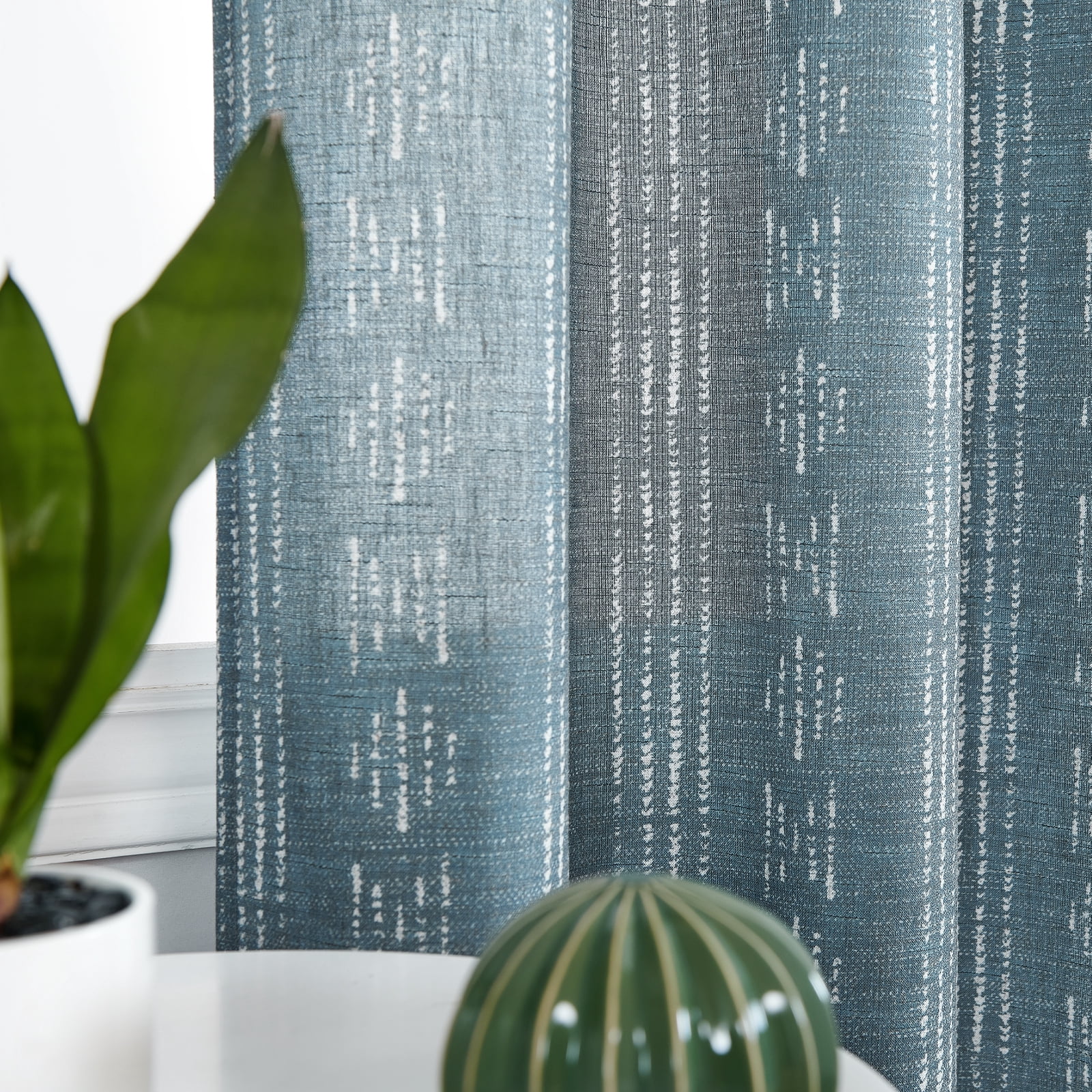 Curtainking Blue Linen Blend Curtains Geometric Striped Light Filtering Farmhouse Grommet Curtains for Living Room 96 Inch Pack of 2