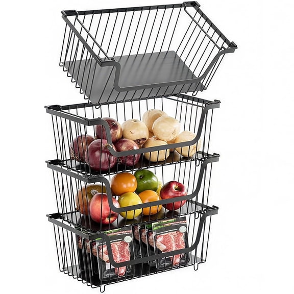 4 Pcs Stackable Wire Baskets for Pantry Organizers and Storage, Vegetable Fruit Basket for Countertop, Kitchen Storage Metal Baskets, Black