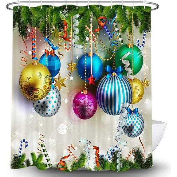 Christmas Shower Curtains, Christmas Bulbs and White Candy Canes Decor for Christmas Ornament, Waterproof Fabric Xmas Shower Curtain Sets, Christmastide Bathroom Accessories, 69X70 inches