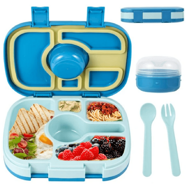 Lonchera Lunch box bento portatil para ninos y adultos con 5 compartimentos de sellado hermetico libre de fugas y cubiertos incluidos BPA FREE Happy