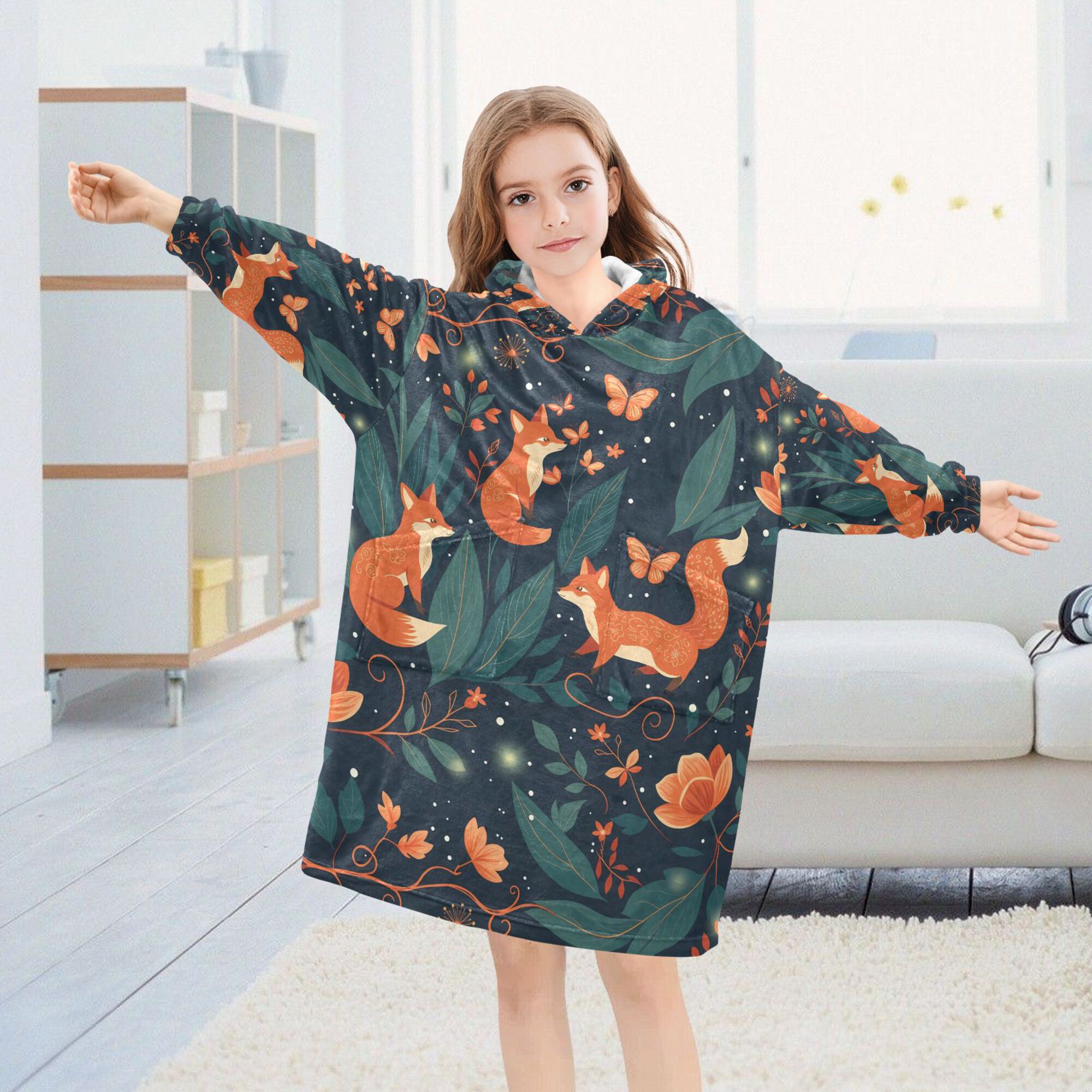 FORMRS Wearable Blanket Hoodie with Sleeves for Kids Cozy Flannel Sweatshirt, Whimsical Foxes Pattern