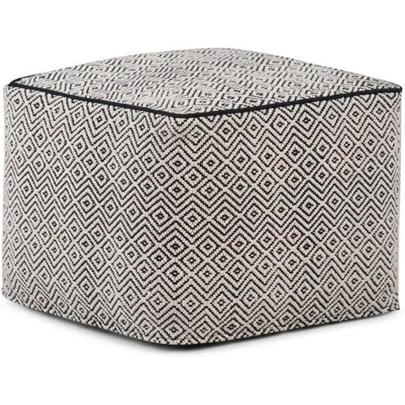 Pemberly Row Boho Square Pouf Ottoman, Small Hand Knitted Hassock Footrest for Living Room, Cotton Woven Bean Bag Foot Stool for Couch, White and Black Cloth Puff Chair for Floor, 18"x18"x14"