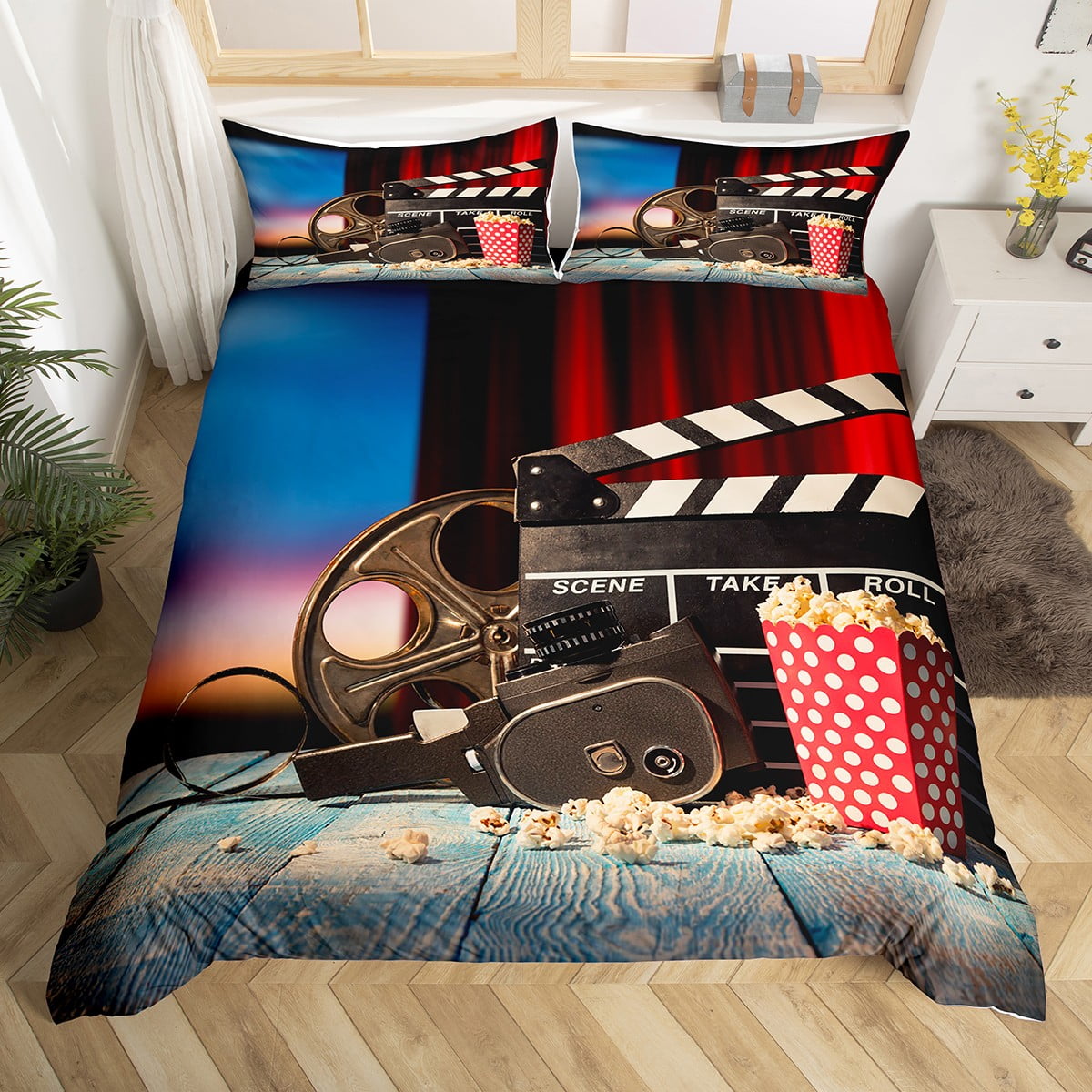 Movie Theater Bedding Set Vintage Cinema Popcorn Comforter Cover for Boys Girls,Vintage Film