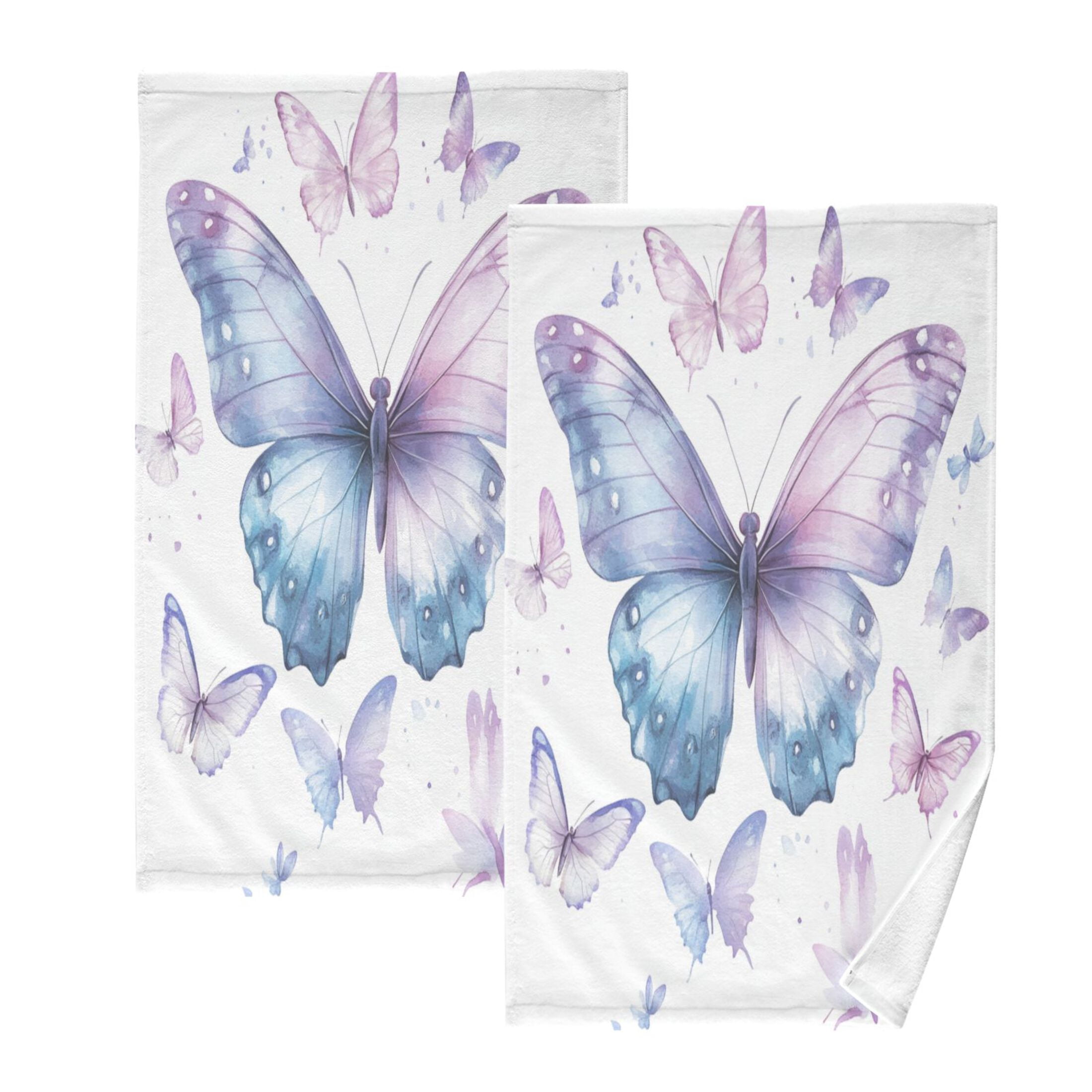 2 Pcs Absorbent Face Towel Bath Hand Towels Soft Breathable Cotton Towel Set for Bathroom Kitchen Hotel Spa Decor A Flock Of Butterflies