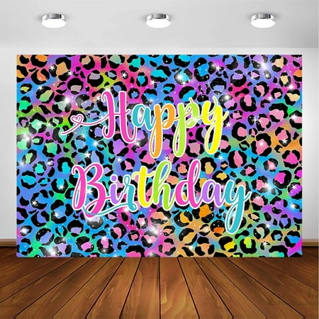 Image of Neon Rainbow Leopard Birthday Backdrop for Girl s Sparkly Splatter Cheetah Party Decorations Photography