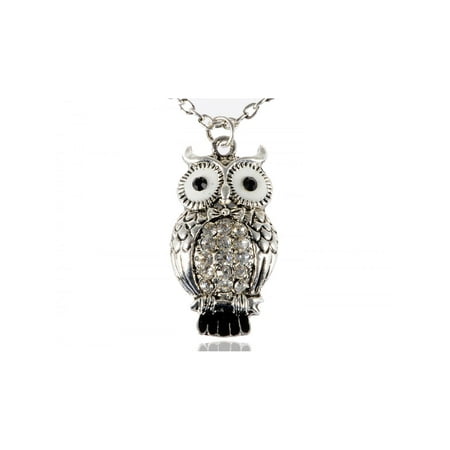 Eyed Owl Pendant - Enamel Wide Eyed Cute Alloy Tone Crystal Rhinestone Hooting Owl Pendant Necklace