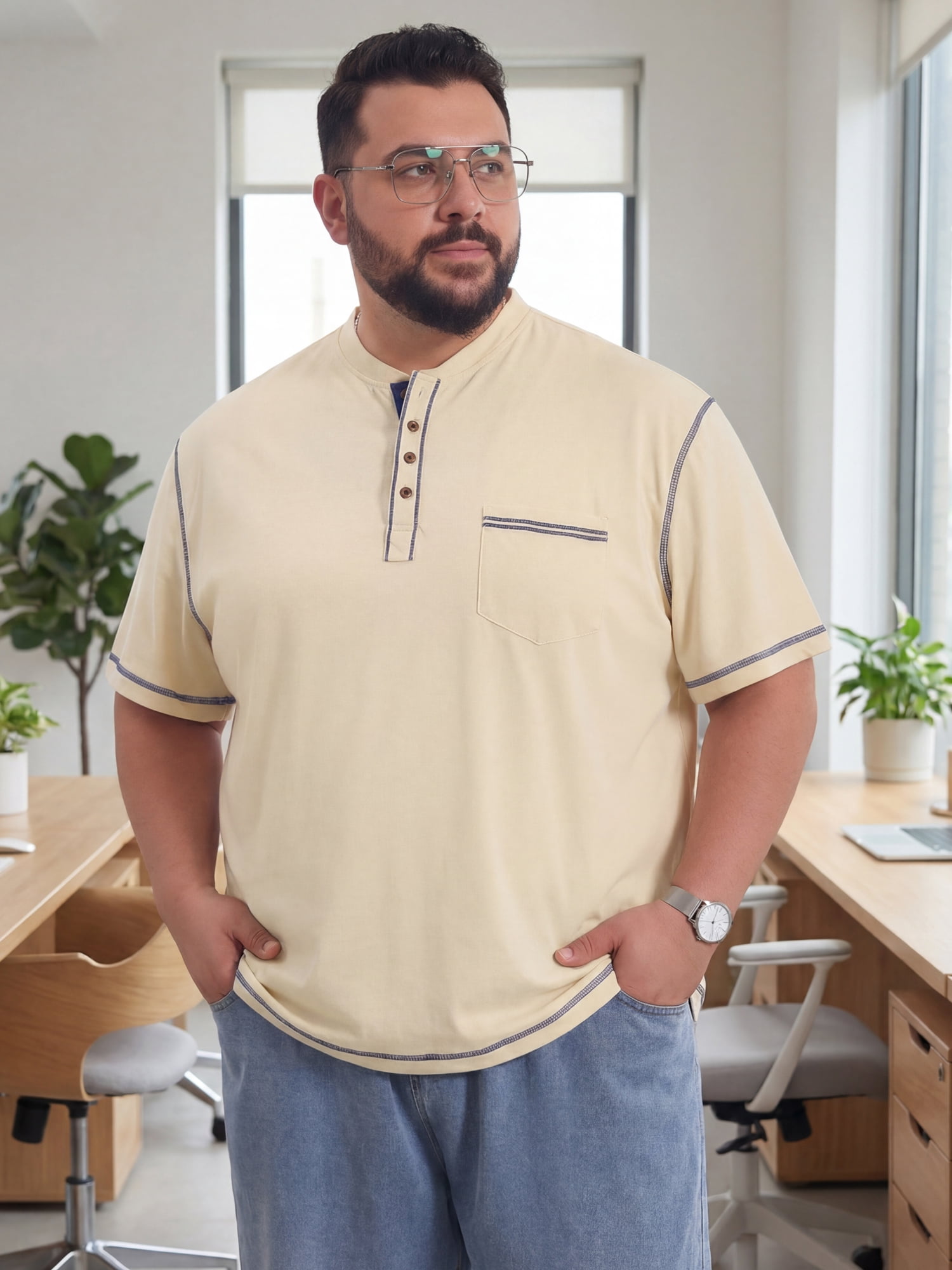 DARING DIVA Men's Big Tall Contrast Trim Button Down Short Sleeve Shirts 6XL Khaki