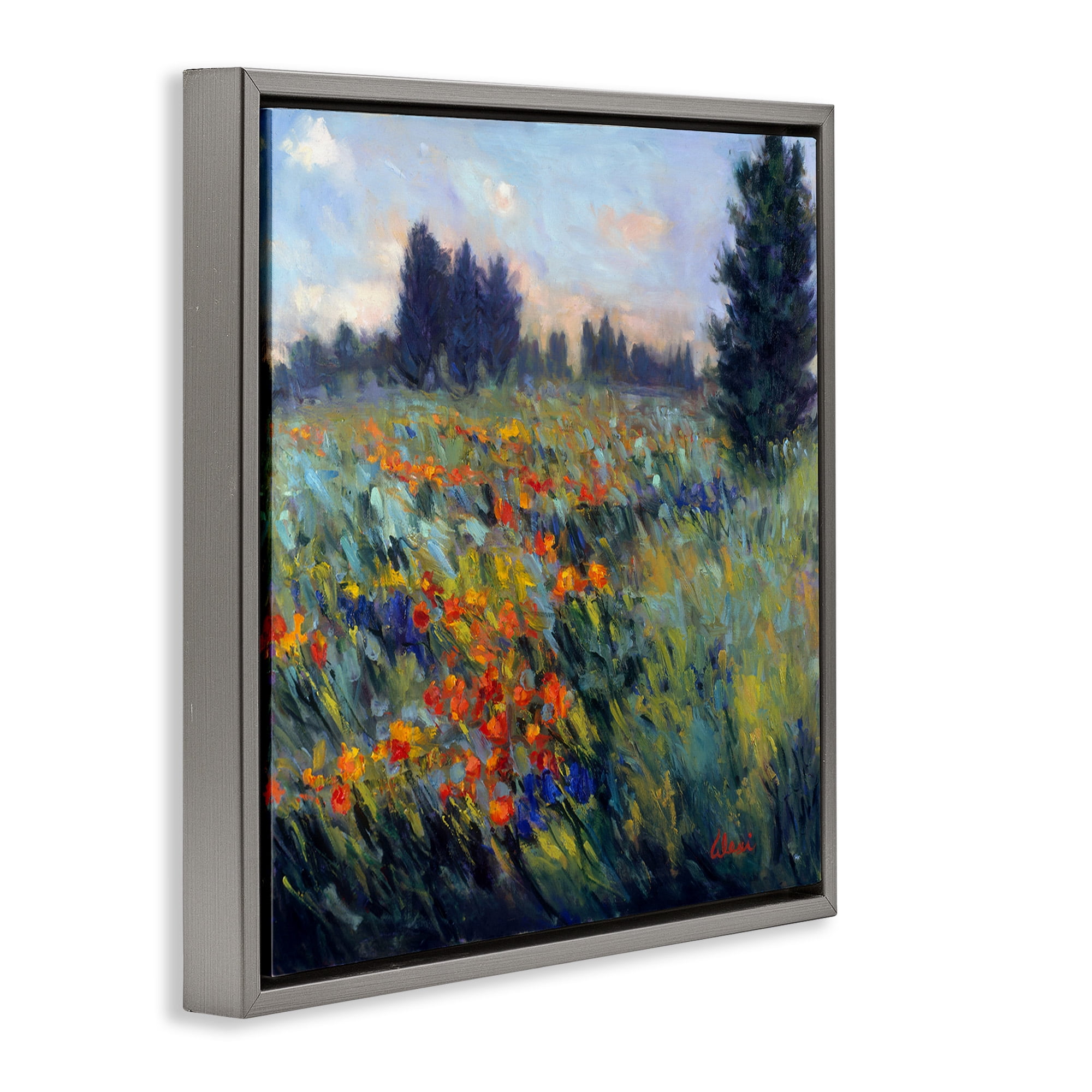 Stupell Industries Flower Meadow Landscape Landscape Painting Gray Floater Framed Canvas Art Print Wall Art, 18 x 18