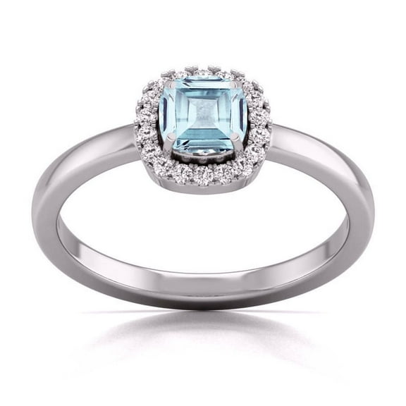 TimeLe$$ Classics Round and Cushion Cut Natural Aquamarine Gemstone Ring in 14K White Gold (Size: 4.5)