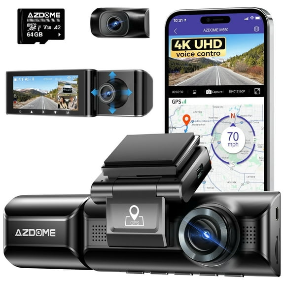AZDOME M550 3 Channel Dash Cam with 4K WiFi , 4K 2.5K Free 64GB Card, Built-in GPS 24H Parking Mode IR Night Vision WDR 3.19" IPS, Max up Support to 256GB, Easy to Install
