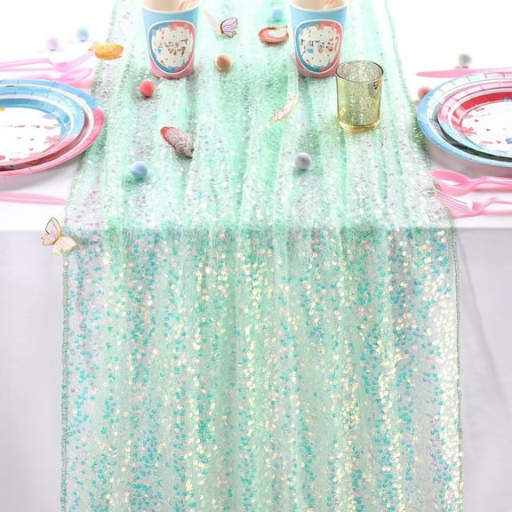 Jpxdew Shiny Green Sequin Table Runner, 13x70.86 Inches, Iridescent Glitter Fabric Table Runner For Girls' Summer Wedding Party Birthday Decorations