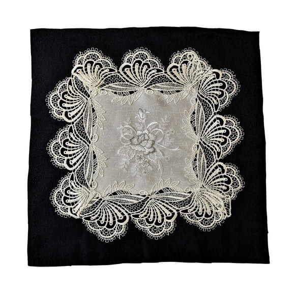 Doily Boutique Square Doily with Gray, Silver, and White Roses on Fabric with Lace Size 13 inches