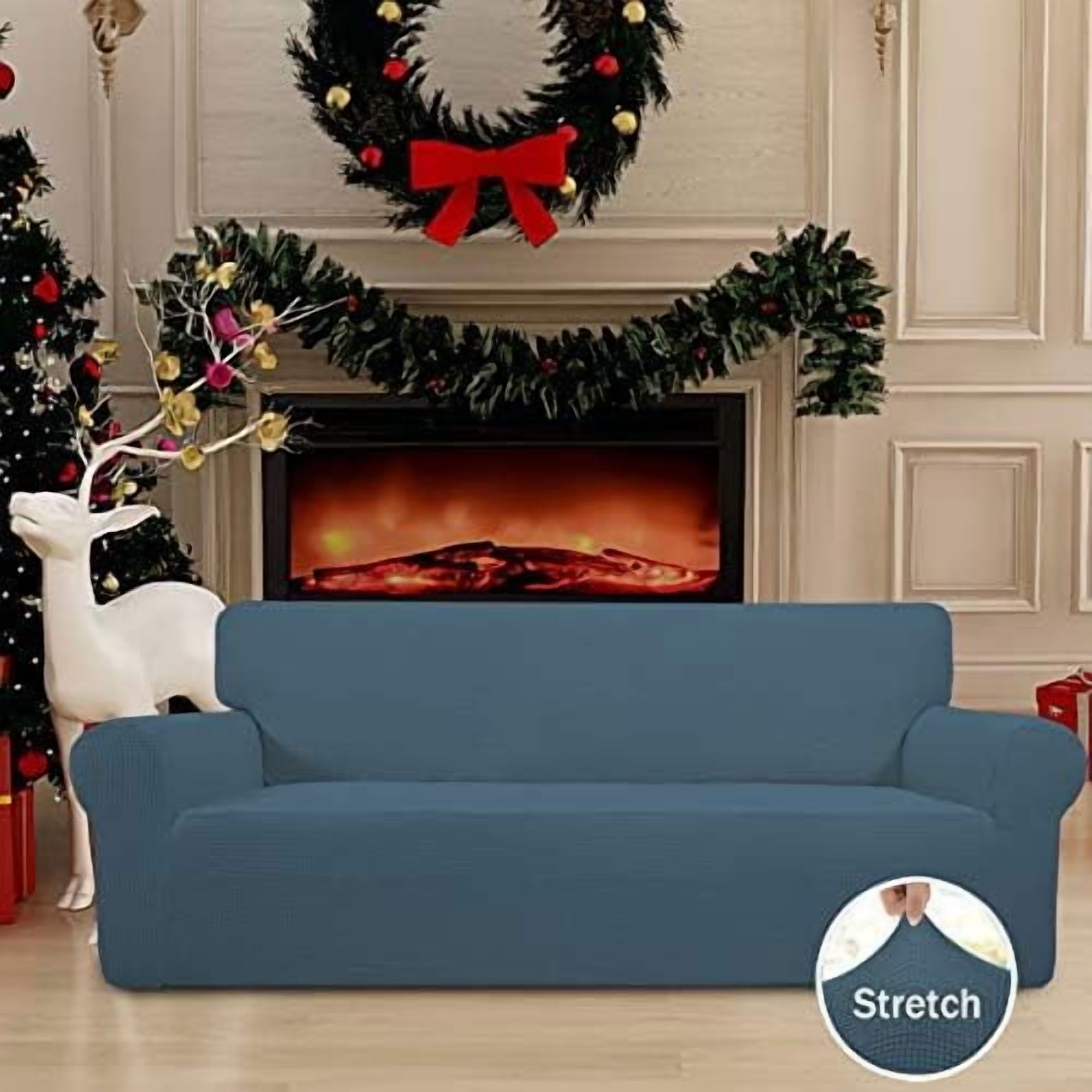 Stretch Oversized Sofa Slipcover 1-Piece Sofa Cover Furniture Protector Couch Soft with Elastic Bottom for Kids, Polyester Spandex Jacquard Fabric Small Checks Bluestone