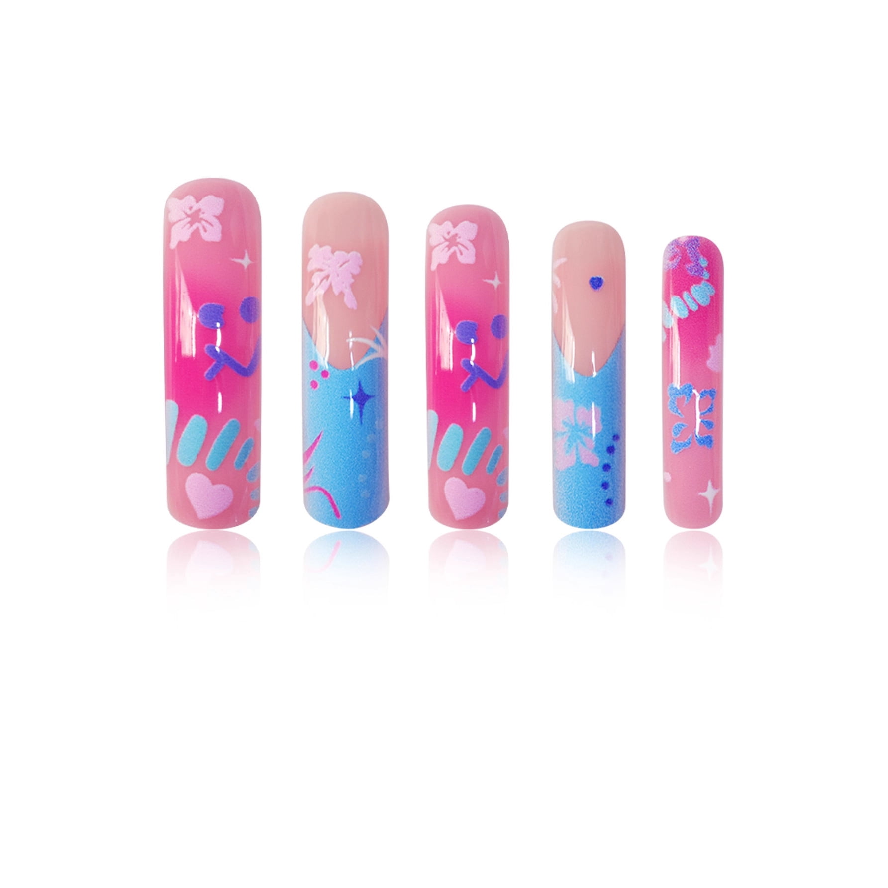 Cross-border hot sale curved nail long sweet cool blue cute flowers simple fashion wearing nail piece finished product wholesale