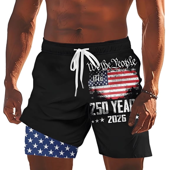 Soft Men's Patriotic Shorts Swim Trunks with Zipper Pockets Comfy Lightweight Independence Day American Flag High Waist Beach Shorts Black L